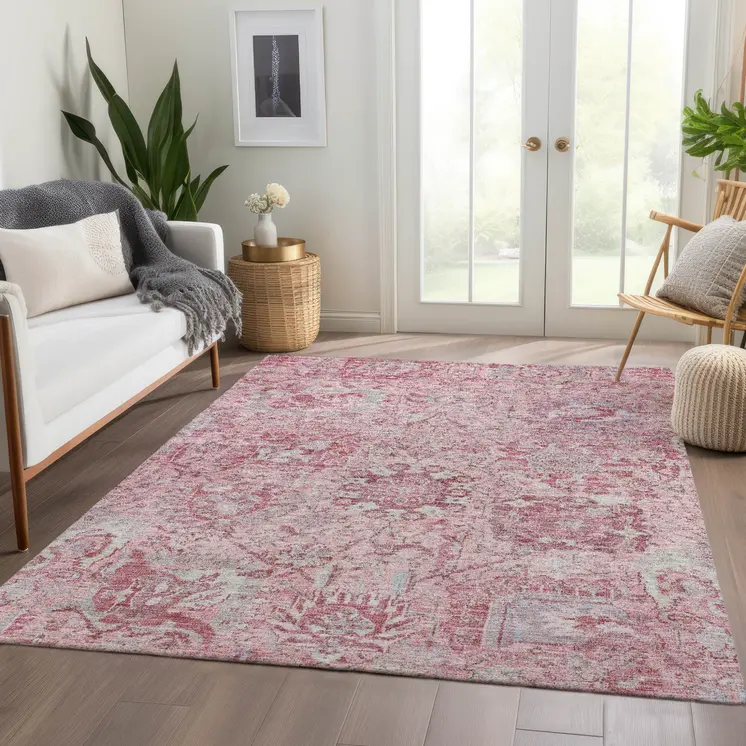 9' X 12' Pink And Gray Damask Washable Indoor Outdoor Area Rug