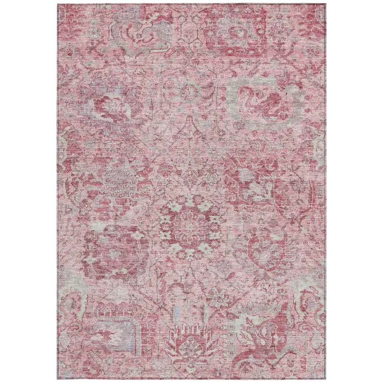 10' X 14' Pink And Gray Damask Washable Indoor Outdoor Area Rug