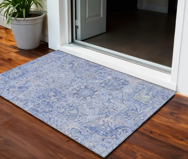 3' X 5' Sky Blue Ivory And Gray Damask Washable Indoor Outdoor Area Rug