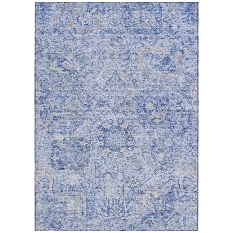 5' X 8' Sky Blue Ivory And Gray Damask Washable Indoor Outdoor Area Rug