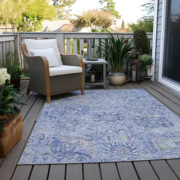 5' X 8' Sky Blue Ivory And Gray Damask Washable Indoor Outdoor Area Rug