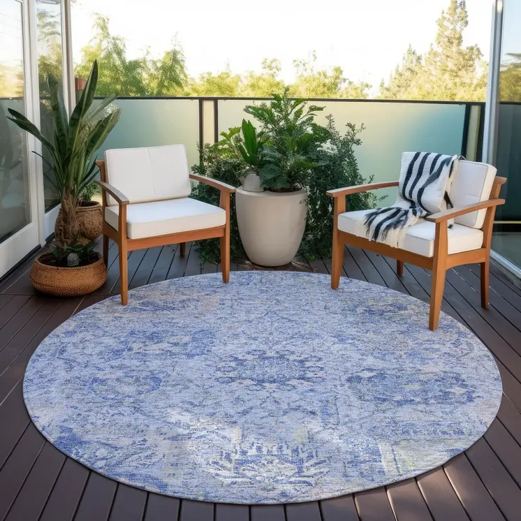 8' Sky Blue Ivory And Gray Round Damask Washable Indoor Outdoor Area Rug