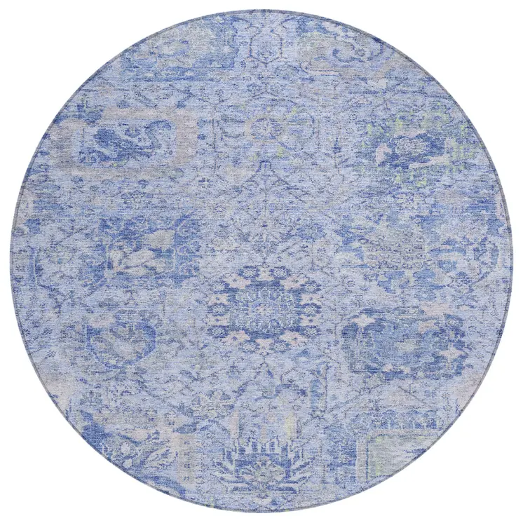 8' Sky Blue Ivory And Gray Round Damask Washable Indoor Outdoor Area Rug