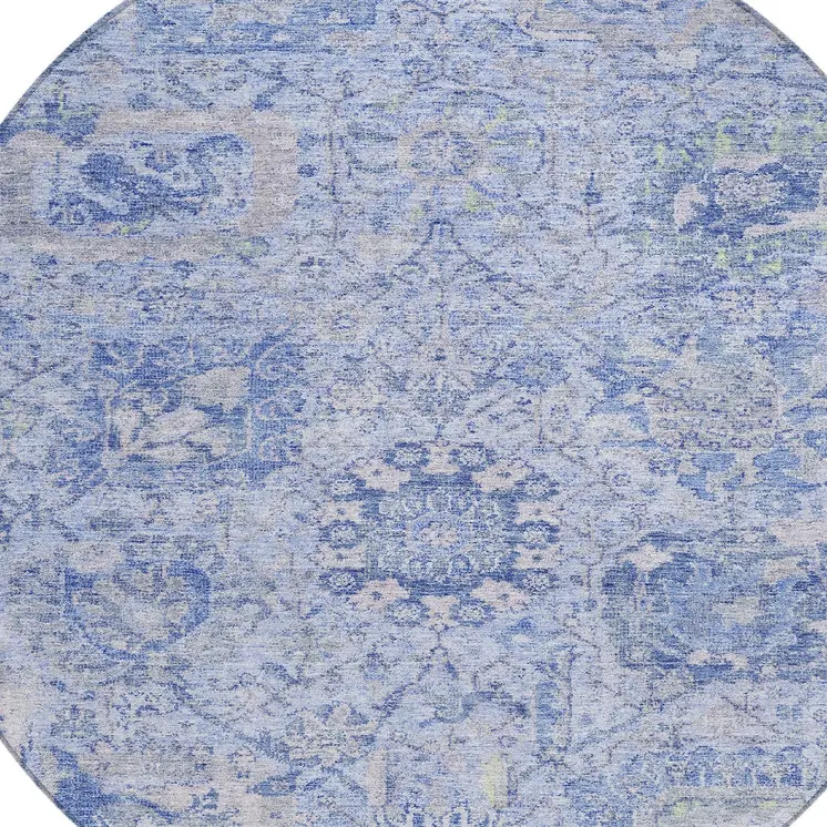 8' Sky Blue Ivory And Gray Round Damask Washable Indoor Outdoor Area Rug