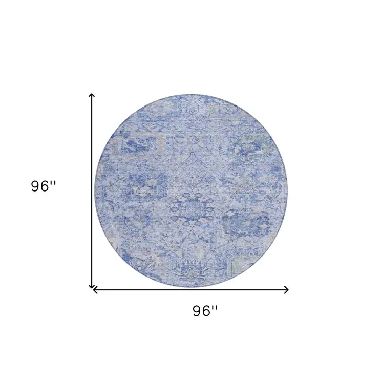 8' Sky Blue Ivory And Gray Round Damask Washable Indoor Outdoor Area Rug