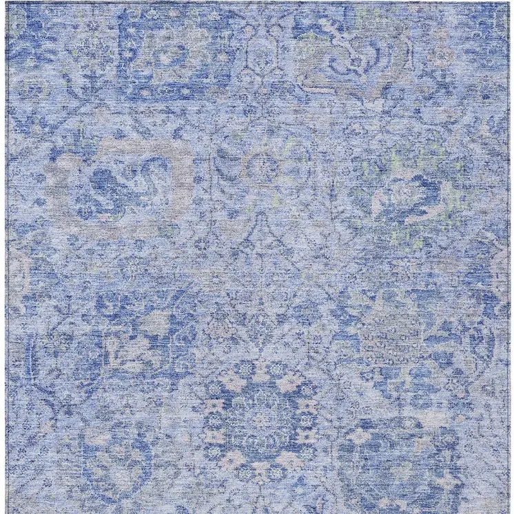 9' X 12' Sky Blue Ivory And Gray Damask Washable Indoor Outdoor Area Rug