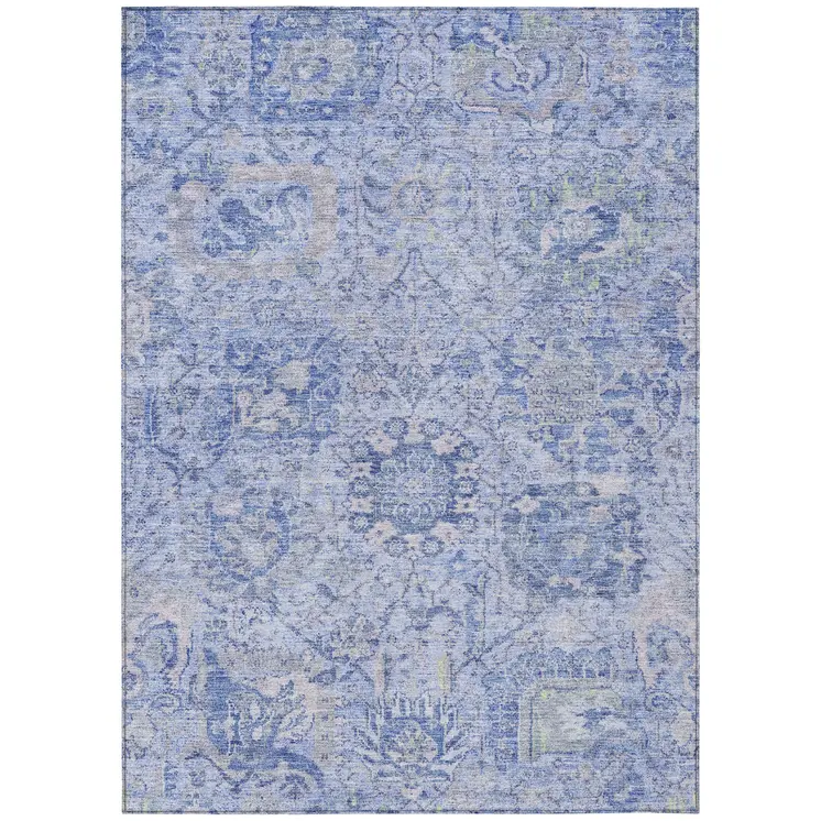 9' X 12' Sky Blue Ivory And Gray Damask Washable Indoor Outdoor Area Rug