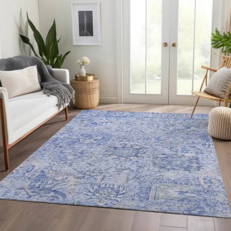 9' X 12' Sky Blue Ivory And Gray Damask Washable Indoor Outdoor Area Rug