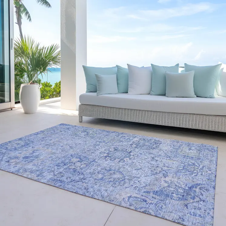 10' X 14' Sky Blue Ivory And Gray Damask Washable Indoor Outdoor Area Rug