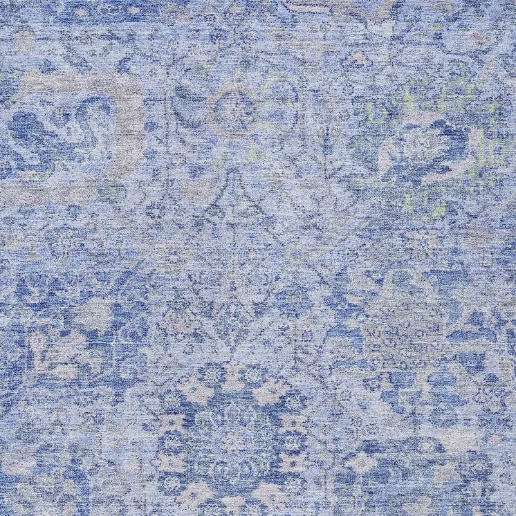 10' X 14' Sky Blue Ivory And Gray Damask Washable Indoor Outdoor Area Rug
