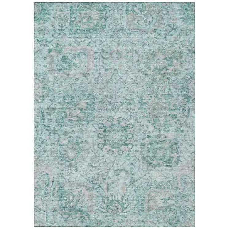 3' X 5' Teal Blue And Gray Damask Washable Indoor Outdoor Area Rug