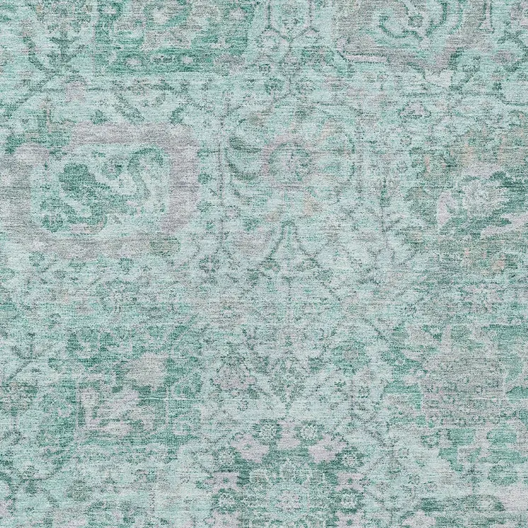 3' X 5' Teal Blue And Gray Damask Washable Indoor Outdoor Area Rug