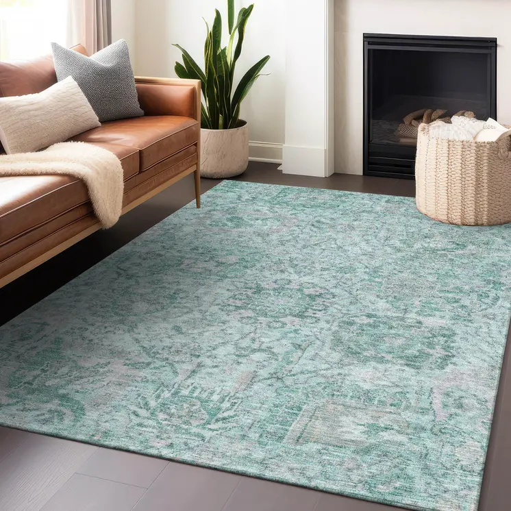 3' X 5' Teal Blue And Gray Damask Washable Indoor Outdoor Area Rug