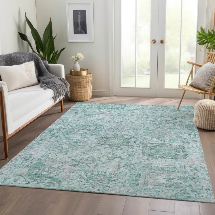 3' X 5' Teal Blue And Gray Damask Washable Indoor Outdoor Area Rug