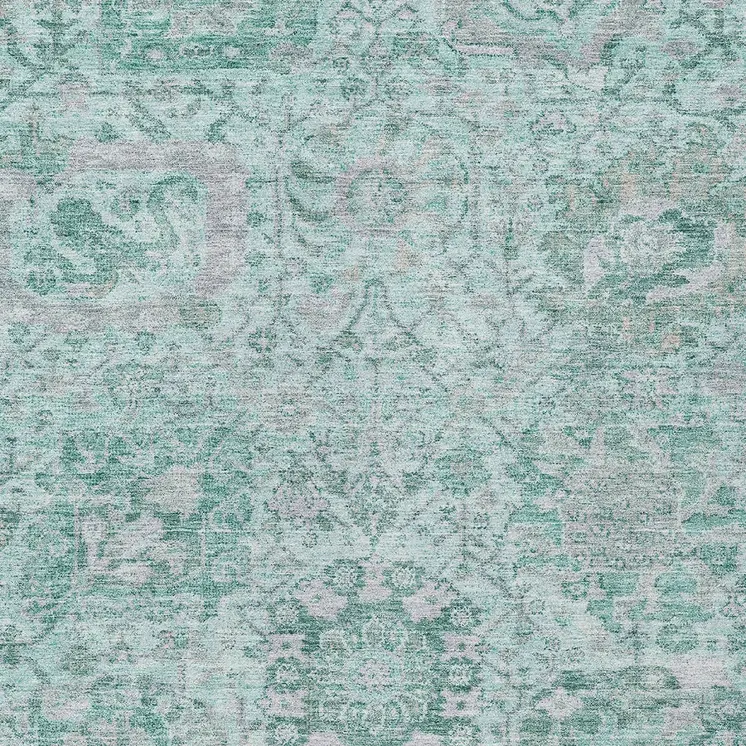 5' X 8' Teal Blue And Gray Damask Washable Indoor Outdoor Area Rug