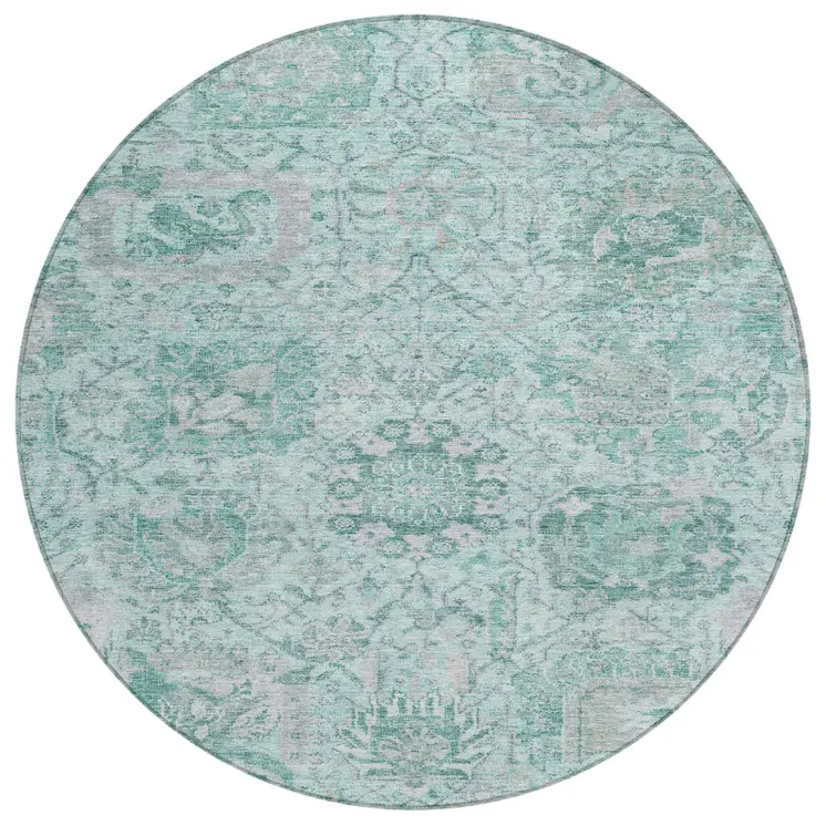 8' Teal Blue And Gray Round Damask Washable Indoor Outdoor Area Rug