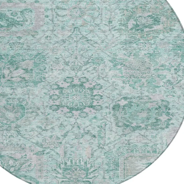 8' Teal Blue And Gray Round Damask Washable Indoor Outdoor Area Rug