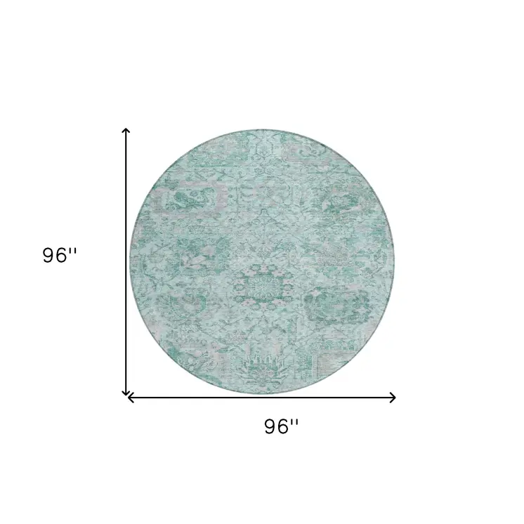 8' Teal Blue And Gray Round Damask Washable Indoor Outdoor Area Rug