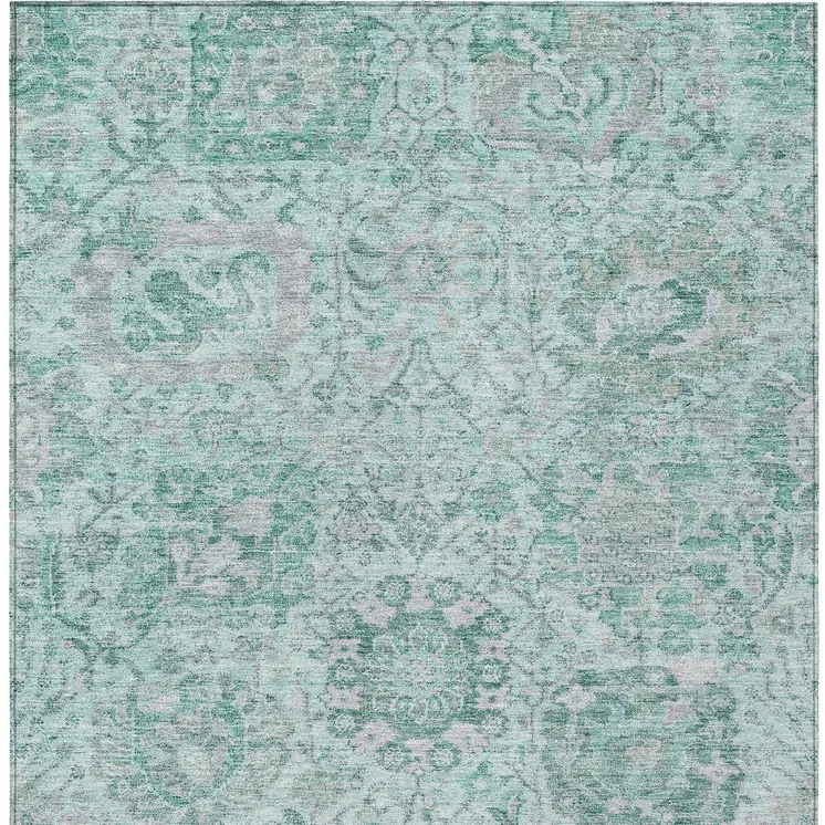 8' X 10' Teal Blue And Gray Damask Washable Indoor Outdoor Area Rug