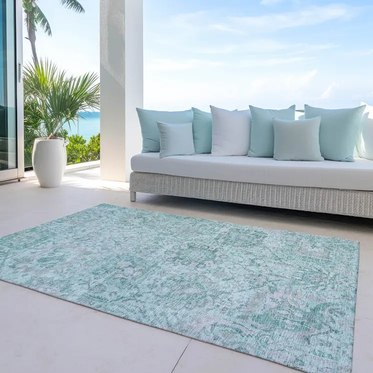 9' X 12' Teal Blue And Gray Damask Washable Indoor Outdoor Area Rug