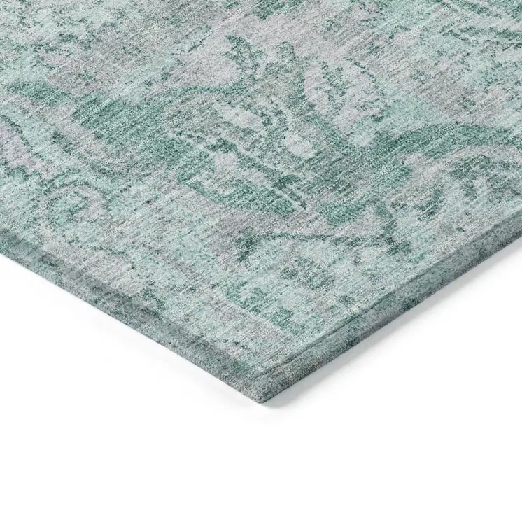 9' X 12' Teal Blue And Gray Damask Washable Indoor Outdoor Area Rug
