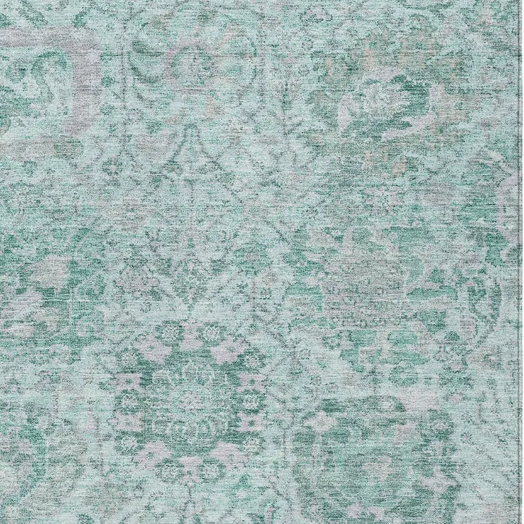 9' X 12' Teal Blue And Gray Damask Washable Indoor Outdoor Area Rug