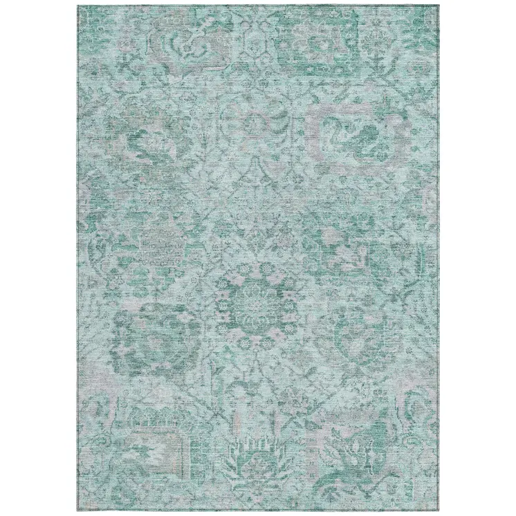 10' X 14' Teal Blue And Gray Damask Washable Indoor Outdoor Area Rug