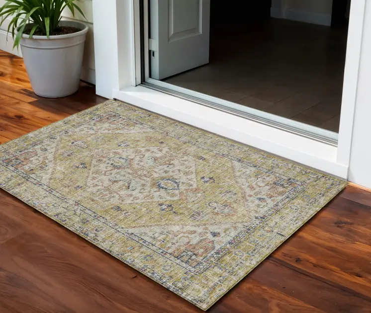 3' X 5' Wheat Terra Cotta And Black Oriental Washable Indoor Outdoor Area Rug