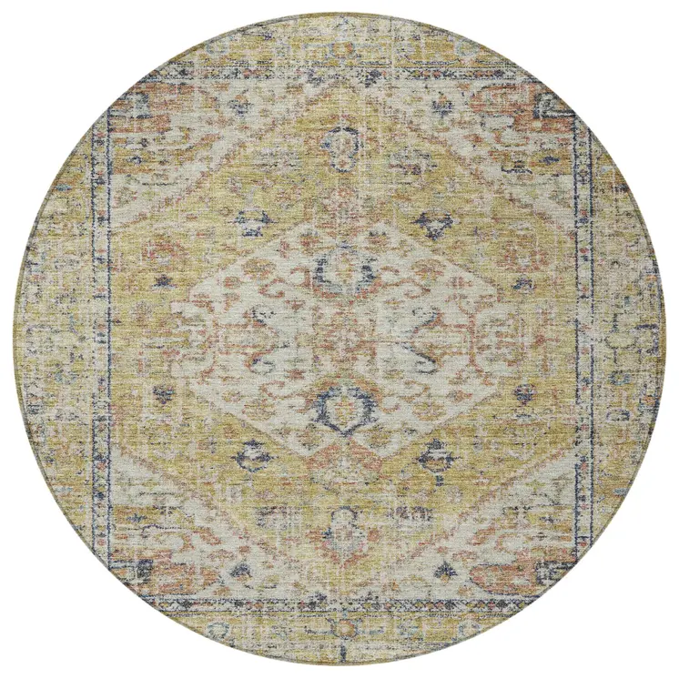 8' Wheat Terra Cotta And Black Round Oriental Washable Indoor Outdoor Area Rug