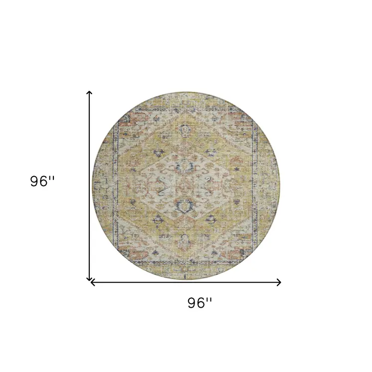 8' Wheat Terra Cotta And Black Round Oriental Washable Indoor Outdoor Area Rug