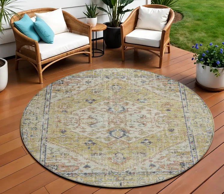 8' Wheat Terra Cotta And Black Round Oriental Washable Indoor Outdoor Area Rug