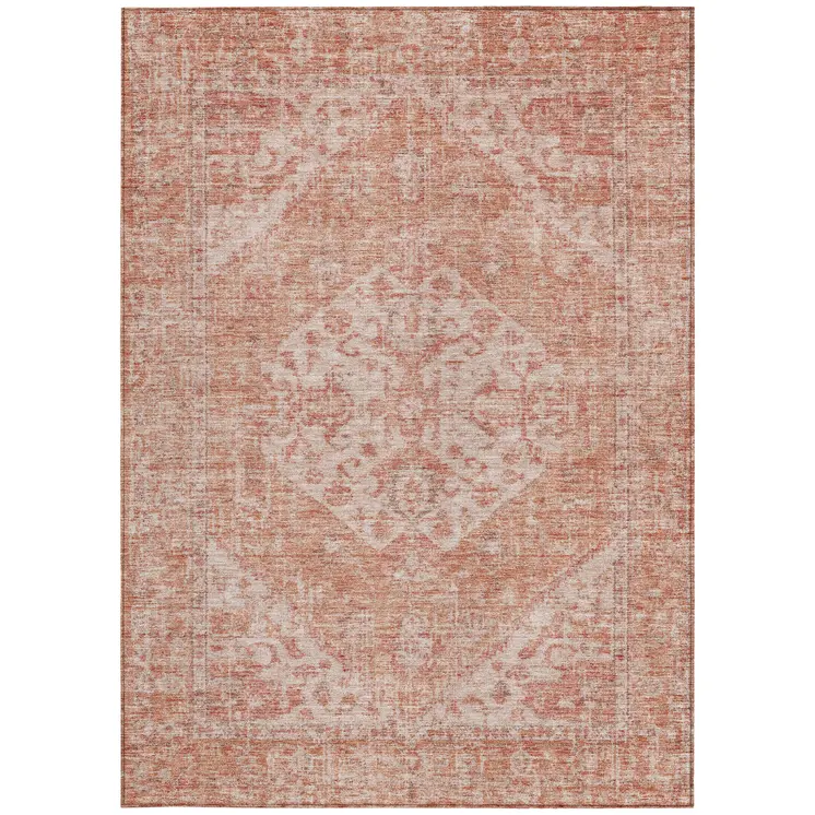 5' X 8' Coral And Pink Oriental Washable Indoor Outdoor Area Rug