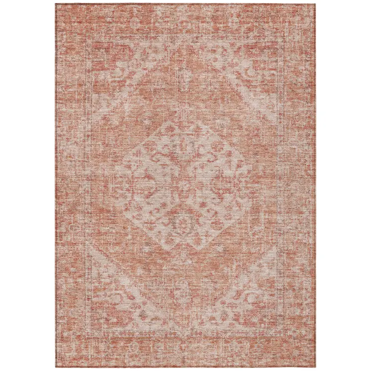 5' X 8' Coral And Pink Oriental Washable Indoor Outdoor Area Rug