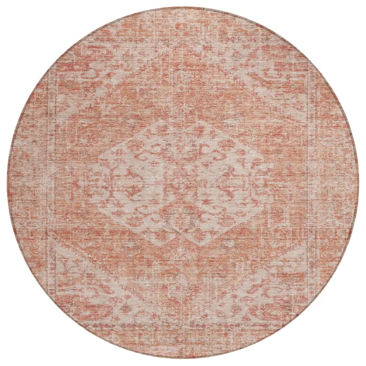 8' Coral And Pink Round Oriental Washable Indoor Outdoor Area Rug