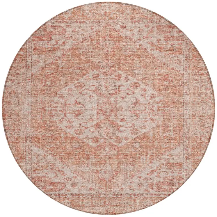 8' Coral And Pink Round Oriental Washable Indoor Outdoor Area Rug