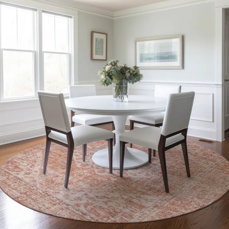 8' Coral And Pink Round Oriental Washable Indoor Outdoor Area Rug