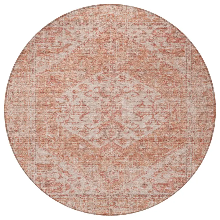8' Coral And Pink Round Oriental Washable Indoor Outdoor Area Rug