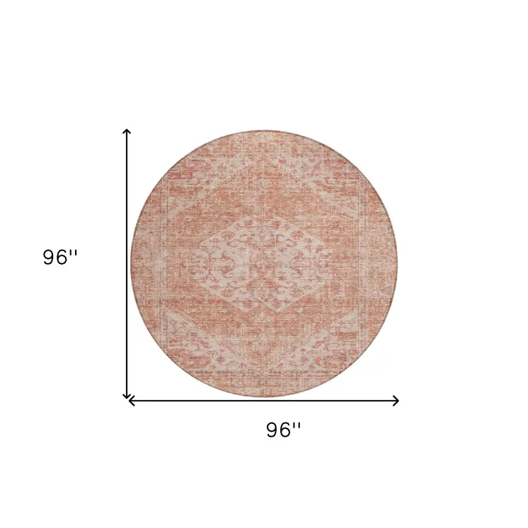 8' Coral And Pink Round Oriental Washable Indoor Outdoor Area Rug