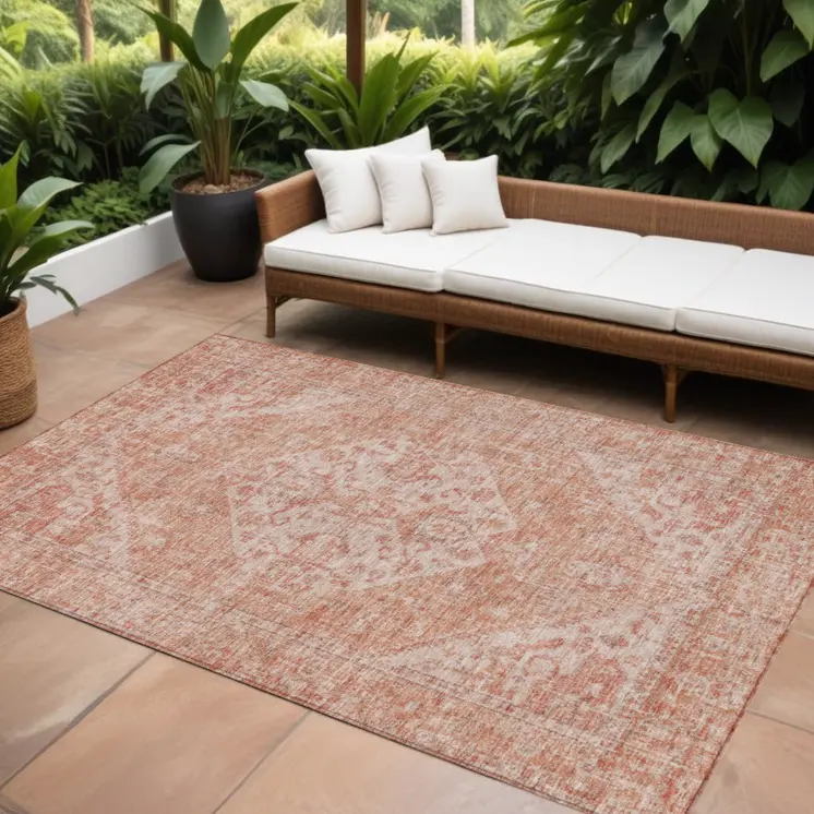 9' X 12' Coral And Pink Oriental Washable Indoor Outdoor Area Rug