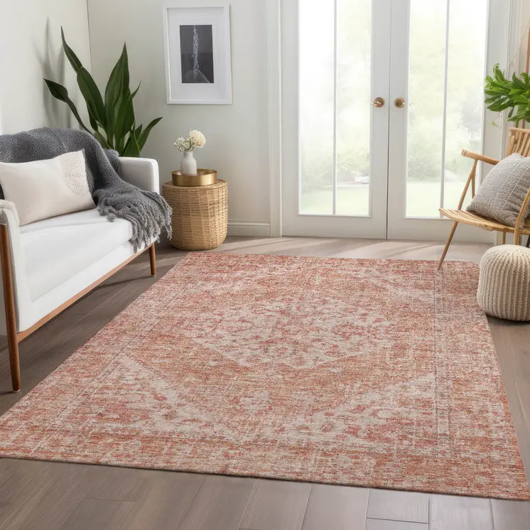 9' X 12' Coral And Pink Oriental Washable Indoor Outdoor Area Rug