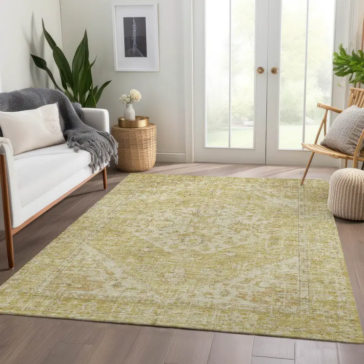 5' X 8' Gold Tan And Beige Oriental Washable Indoor Outdoor Area Rug