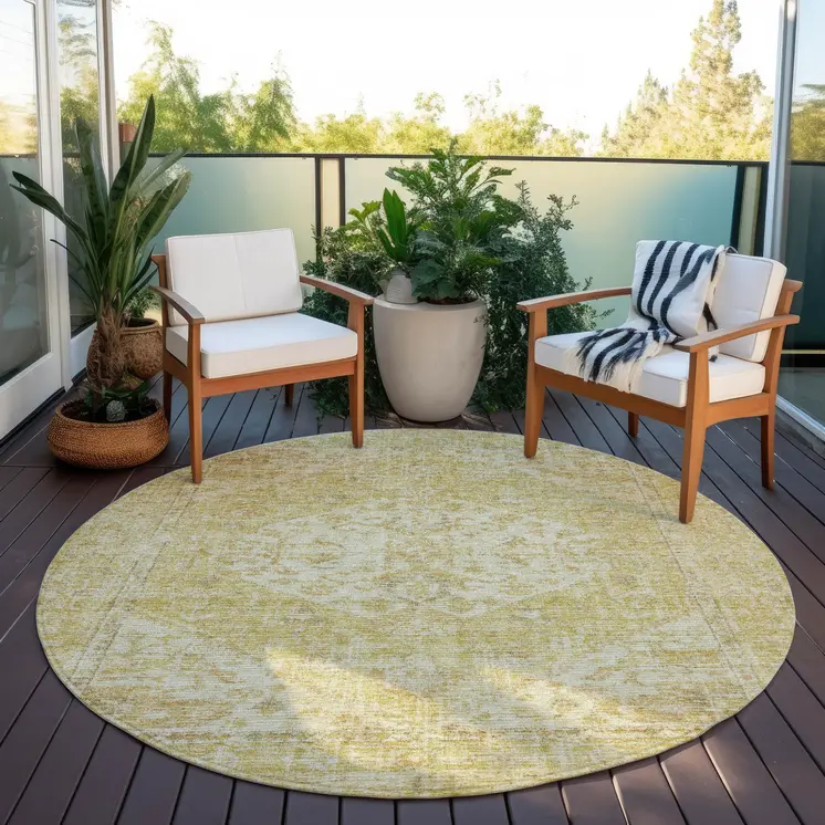 8' Gold Tan And Beige Round Oriental Washable Indoor Outdoor Area Rug