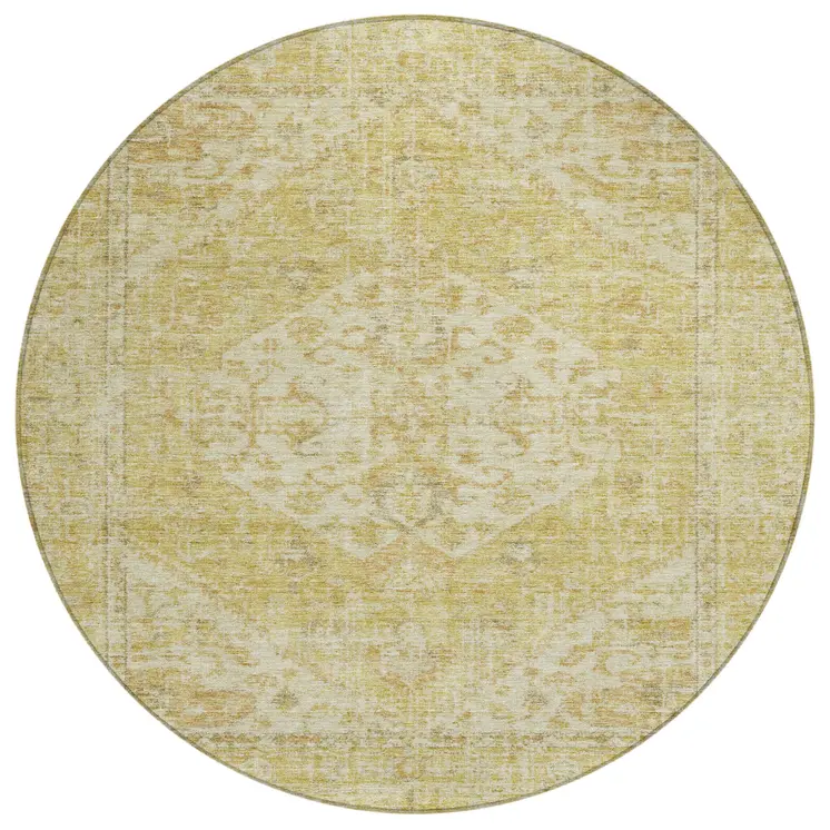 8' Gold Tan And Beige Round Oriental Washable Indoor Outdoor Area Rug