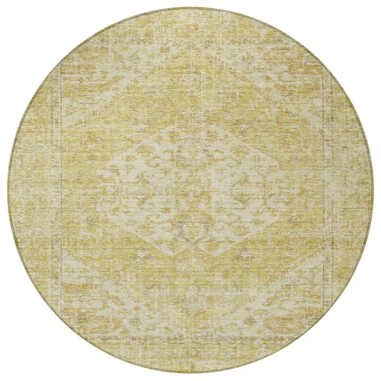 8' Gold Tan And Beige Round Oriental Washable Indoor Outdoor Area Rug