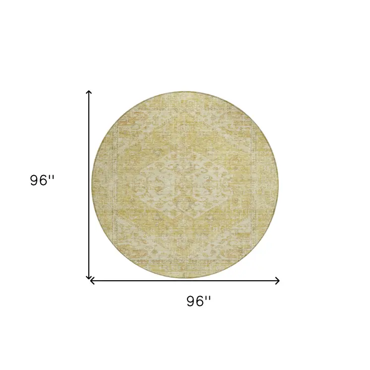8' Gold Tan And Beige Round Oriental Washable Indoor Outdoor Area Rug