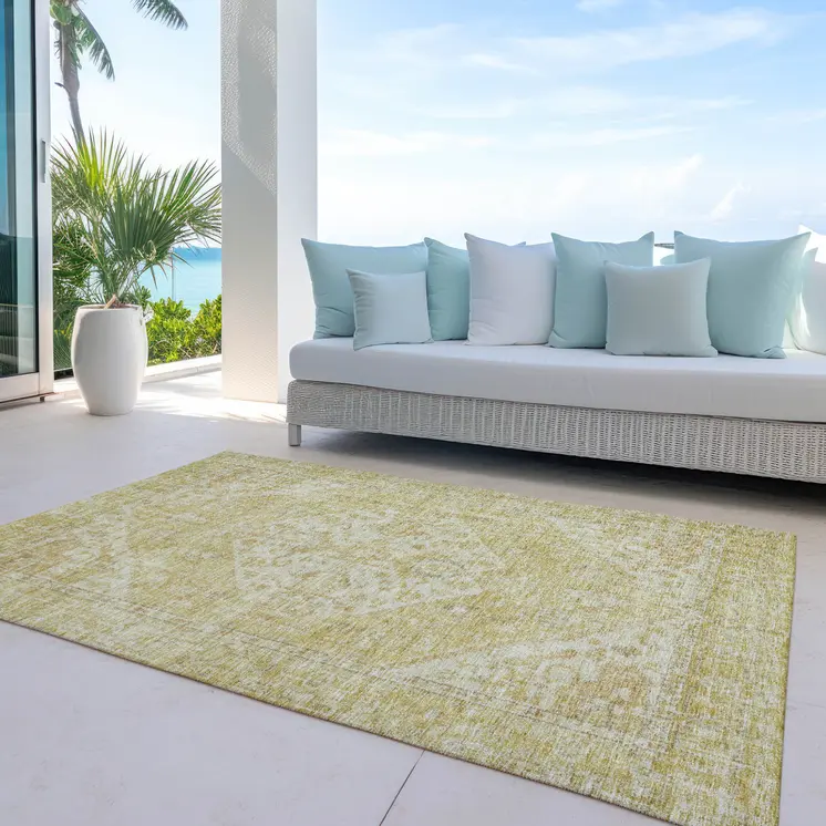 10' X 14' Gold Tan And Beige Oriental Washable Indoor Outdoor Area Rug