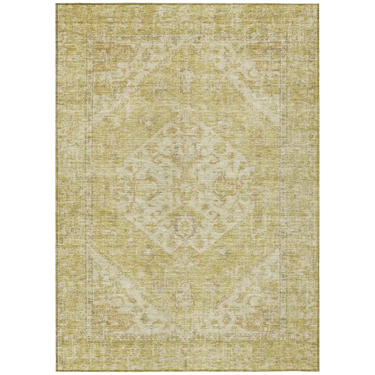 10' X 14' Gold Tan And Beige Oriental Washable Indoor Outdoor Area Rug