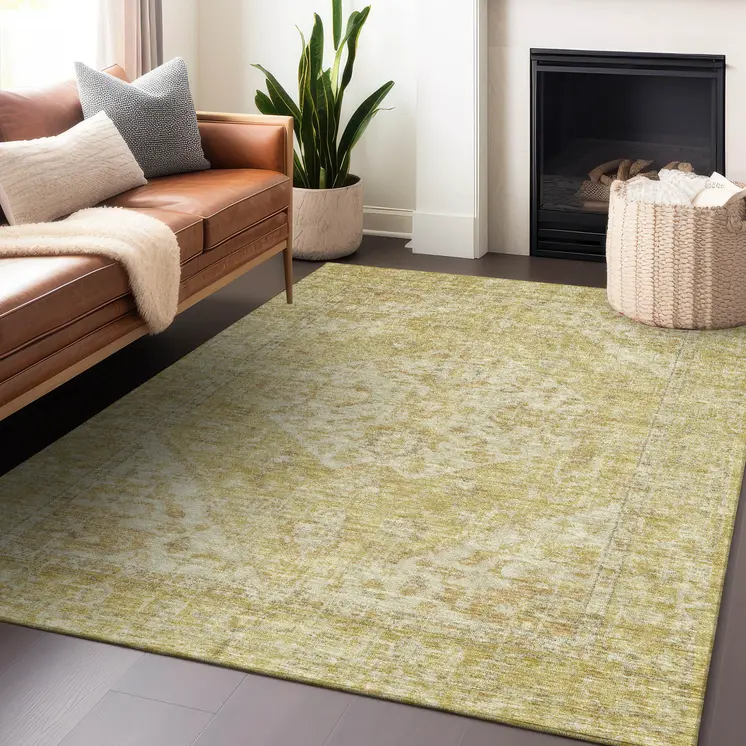 10' X 14' Gold Tan And Beige Oriental Washable Indoor Outdoor Area Rug