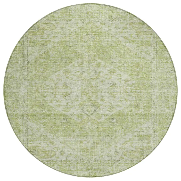 8' Sage And Ivory Round Oriental Washable Indoor Outdoor Area Rug