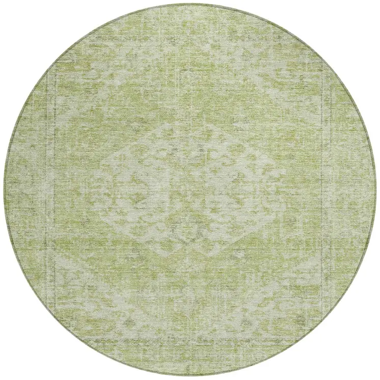 8' Sage And Ivory Round Oriental Washable Indoor Outdoor Area Rug